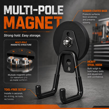 Heavy Duty Magnetic Hooks, 4 Pack Black Rubber Coated Magnet Hooks for Garage Tool Storage, Large Magnetic Hook for Power Drill, Garden Tools, Hose, Pegboard, Workshop & Indoor Outdoor Hanging