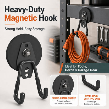 Heavy Duty Magnetic Hooks, 4 Pack Black Rubber Coated Magnet Hooks for Garage Tool Storage, Large Magnetic Hook for Power Drill, Garden Tools, Hose, Pegboard, Workshop & Indoor Outdoor Hanging