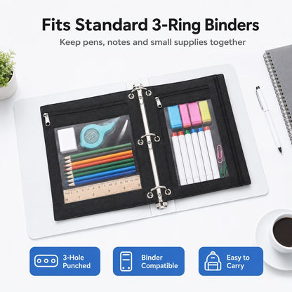 24 Packs Black Pencil Pouch for 3 Ring Binder, Binder Pouches with Zipper, 9.8 x 7.3 in Clear Window Zipper Pouch, Oxford PVC