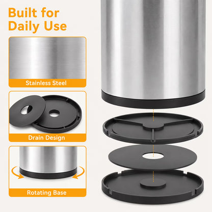 Kitchen Utensil Holder, 360° Rotating Stainless Steel Utensil Holder for Countertop, 3 Compartment Cooking Utensil Holder with Removable Divider, Drainage Base