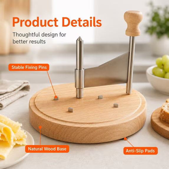 Cheese Curler with Wooden Base, Stainless Steel Girolle Cheese Shaver Wheel for Tete de Moine Cheese, Chocolate & Charcuterie Boards