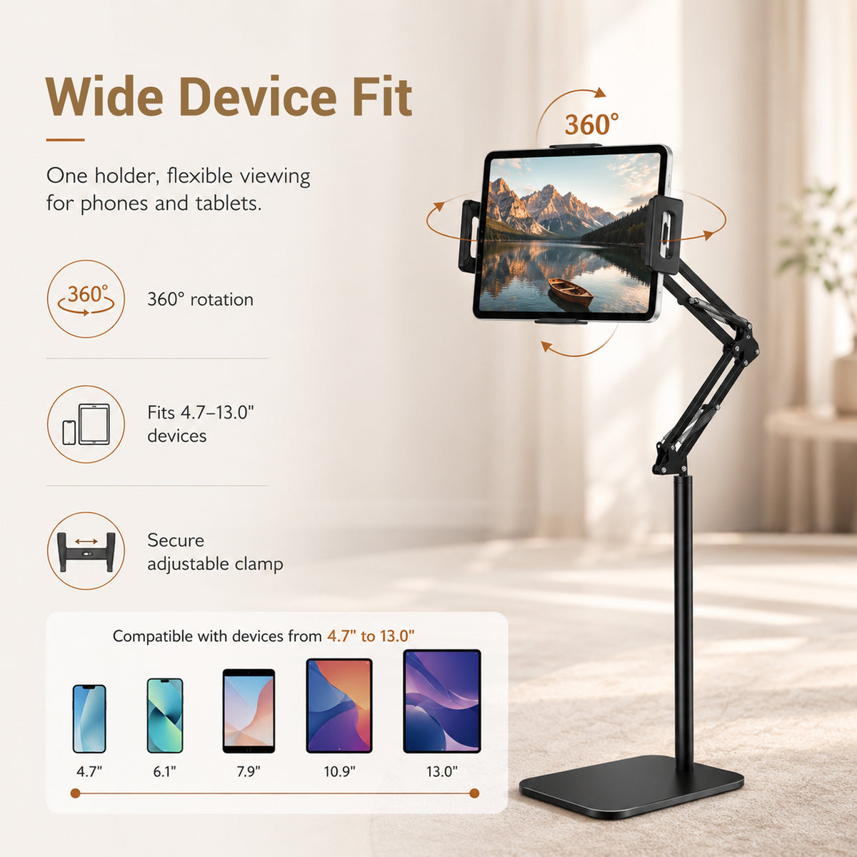 Tablet Floor Stand with Metal Base, 55'' Adjustable Height Angle Overhead Holder, Universal Floor Stand for most tablets & smartphones