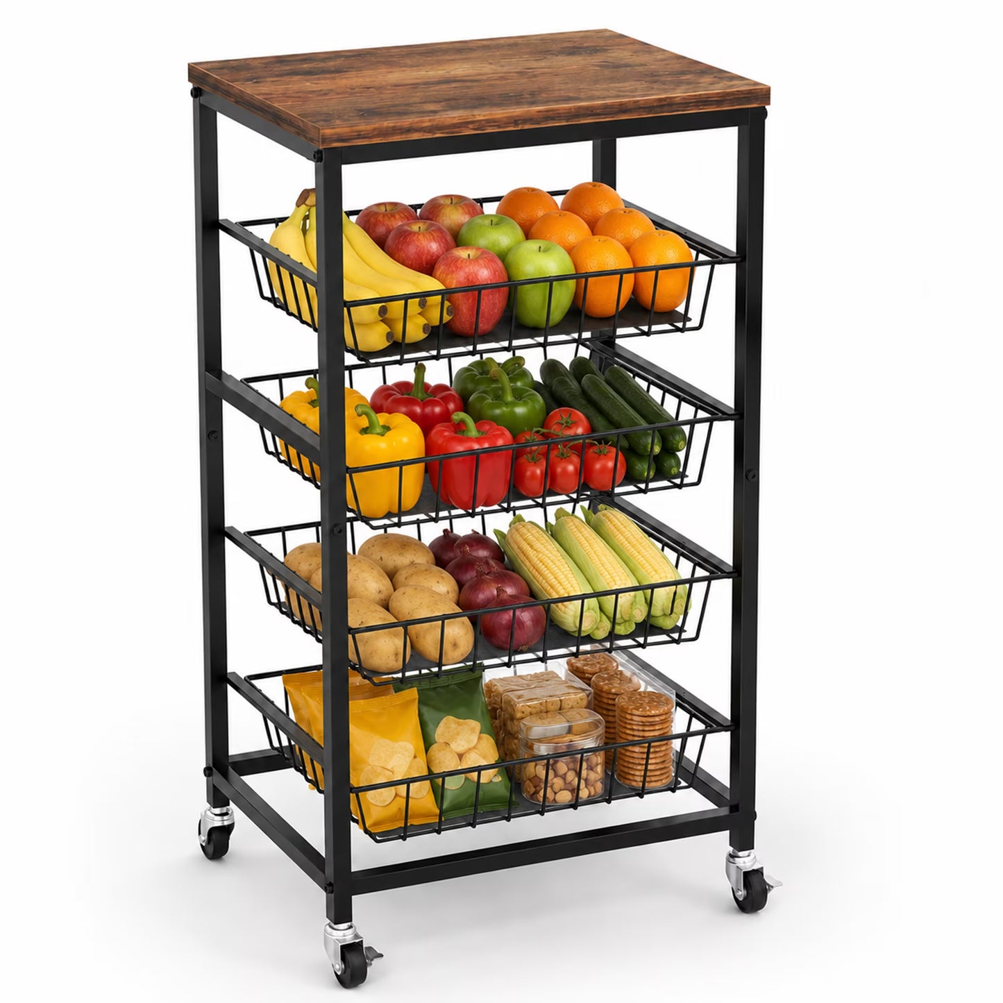 4 Tier Wheeled Snack Storage Trolley with Wooden Top & Pull Out Baskets, Mobile Rolling Fruit Vegetable Organizer Cart, Multiuse Rolling Storage Unit for Kitchen Pantry and Living Room, Brown