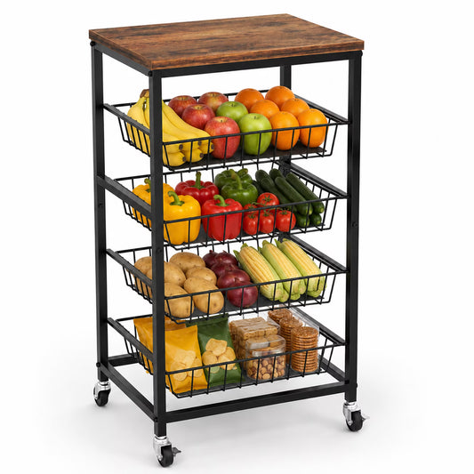 4 Tier Wheeled Snack Storage Trolley with Wooden Top & Pull Out Baskets, Mobile Rolling Fruit Vegetable Organizer Cart, Multiuse Rolling Storage Unit for Kitchen Pantry and Living Room, Brown