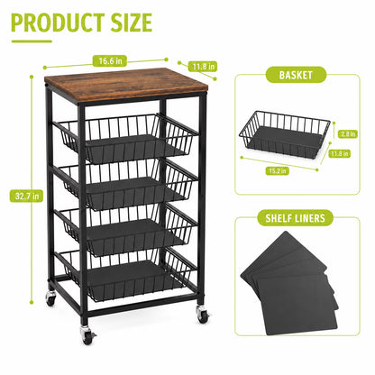 4 Tier Wheeled Snack Storage Trolley with Wooden Top & Pull Out Baskets, Mobile Rolling Fruit Vegetable Organizer Cart, Multiuse Rolling Storage Unit for Kitchen Pantry and Living Room, Brown