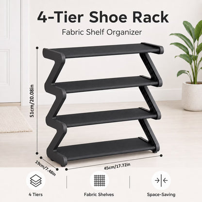 4-Tier Z-Shaped Shoe Rack, Freestanding Plastic Shoe Storage Organizer with Gold Connectors, Stackable Shoe Shelf for Entryway Closet Living Room, Black