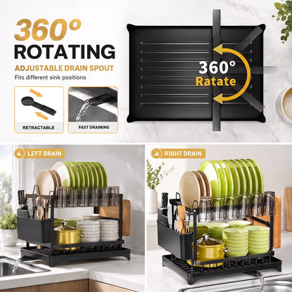 2-Tier Dish Drying Rack for Kitchen Counter, Stainless Steel Dish Drainer with Swivel Spout, Utensil Holder & Cutting Board Rack, Large Capacity Space Saver