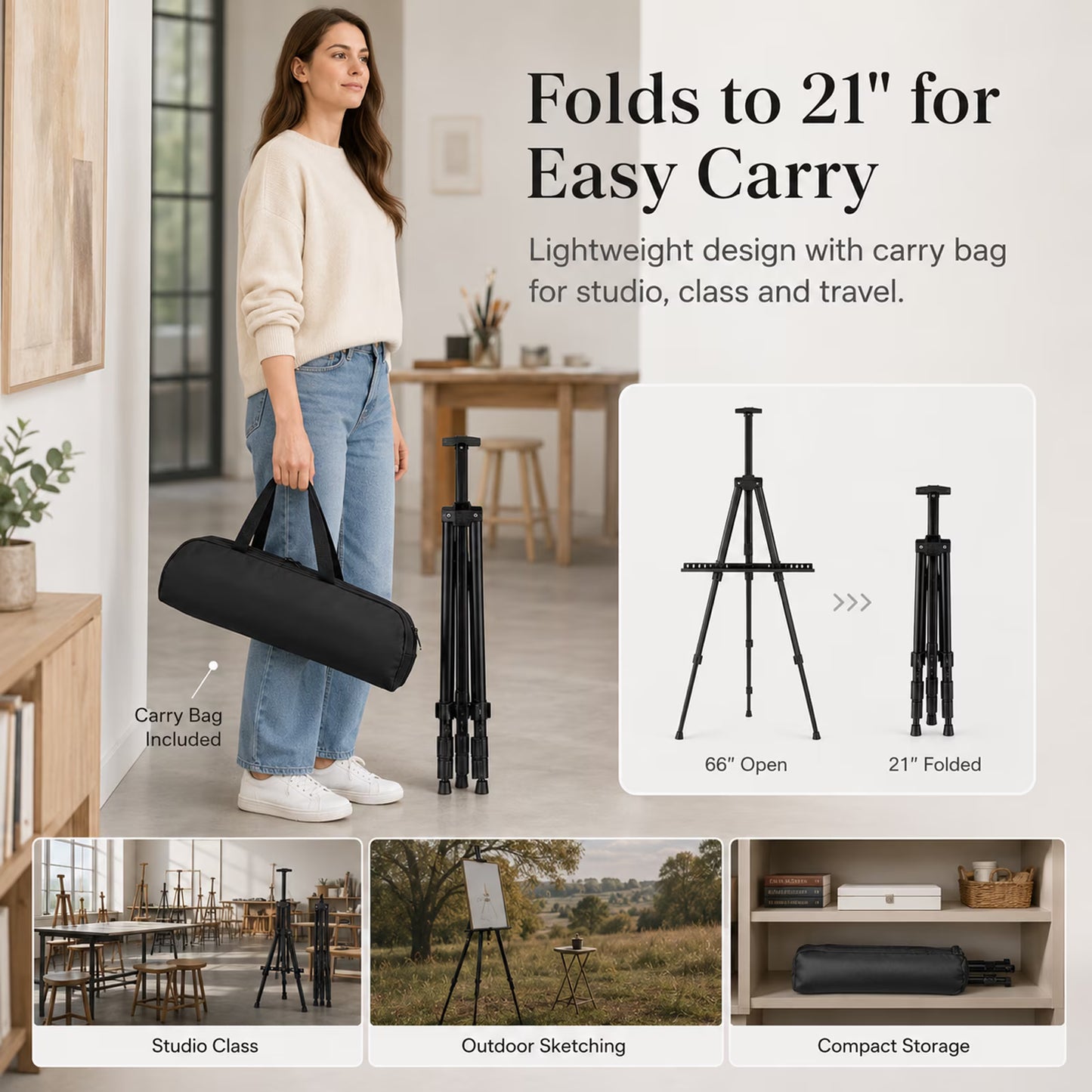 Painting Easel and Display Stand, Adjustable 18-66 Inch Folding Metal Easel Stand for Sign, Portable Tabletop/Floor Canvas Stand for Adults, Teens, Studio, Classroom and Events
