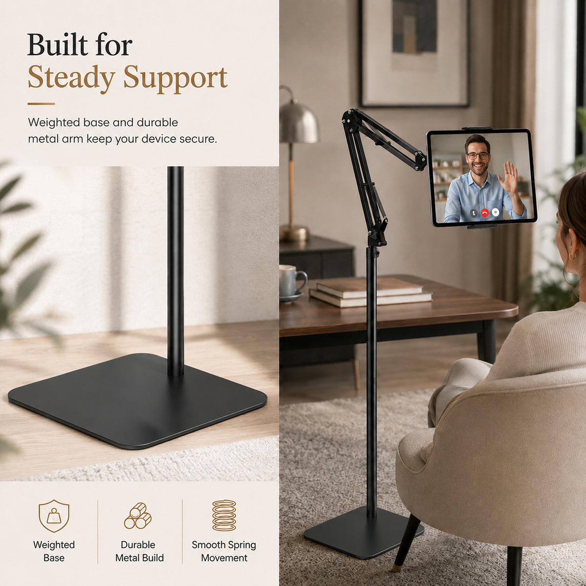 Tablet Floor Stand with Metal Base, 55'' Adjustable Height Angle Overhead Holder, Universal Floor Stand for most tablets & smartphones