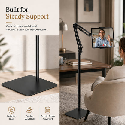 Tablet Floor Stand with Metal Base, 55'' Adjustable Height Angle Overhead Holder, Universal Floor Stand for most tablets & smartphones