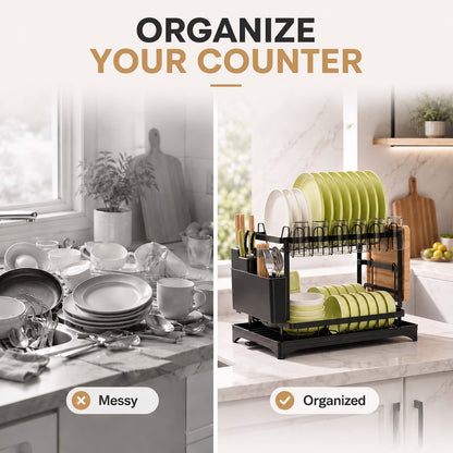 2-Tier Dish Drying Rack for Kitchen Counter, Stainless Steel Dish Drainer with Swivel Spout, Utensil Holder & Cutting Board Rack, Large Capacity Space Saver