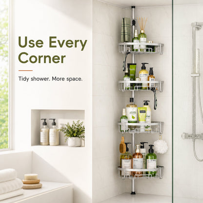 Corner Shower Caddy Tension Pole, 4-Tier Rustproof Bathroom Storage Shelf, Adjustable 62-115 Inch Bathtub Organizer, Silver
