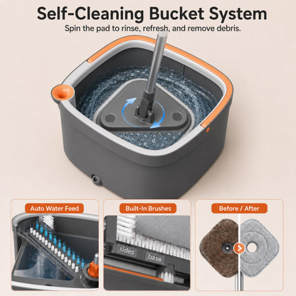 Square Spin Mop and Bucket Set, Clean & Dirty Water Separation, Hands-Free Self-Wringing, 6 Machine Washable Microfiber Pads for Multi-Floor Compatible