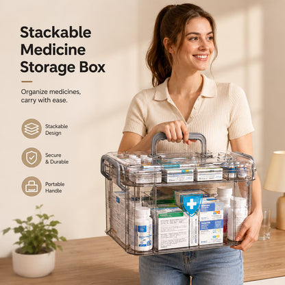 2-Tier Medicine Organizer, Portable Plastic Medical Box with Handle, Dual-Layer Storage Case for Pills and First Aid Supplies at Home