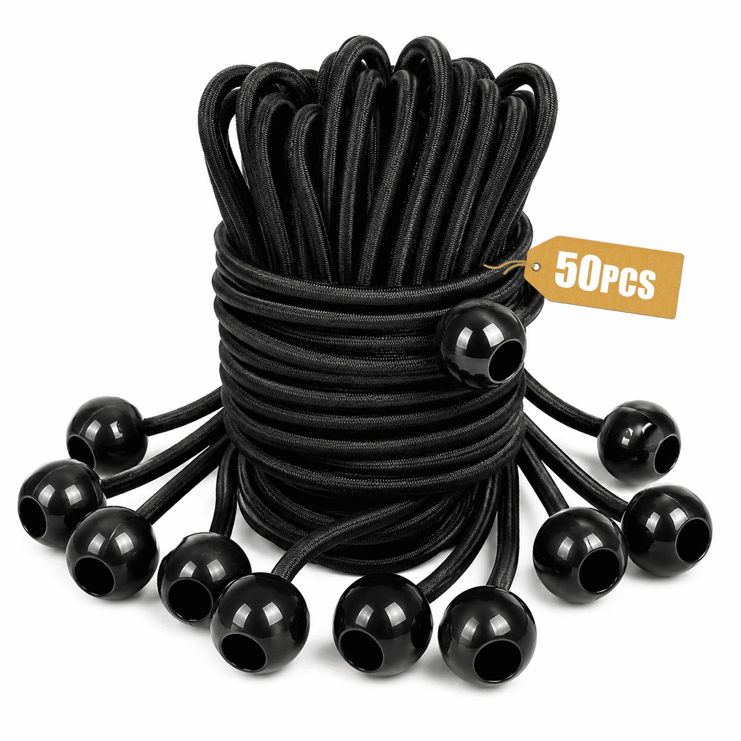 50 Pcs Ball Bungee Cords 6 Inch Black Heavy Duty Outdoor Stretchy Tarp Tie Downs for Canopy Tent and Securing Covers with Plastic Balls for Camping and Travel