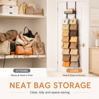Over the Door Purse Organizer with 16 Hooks — Wall-Mounted Handbag Rack with Metal Basket, Closet Storage for Bags, Hats & Accessories