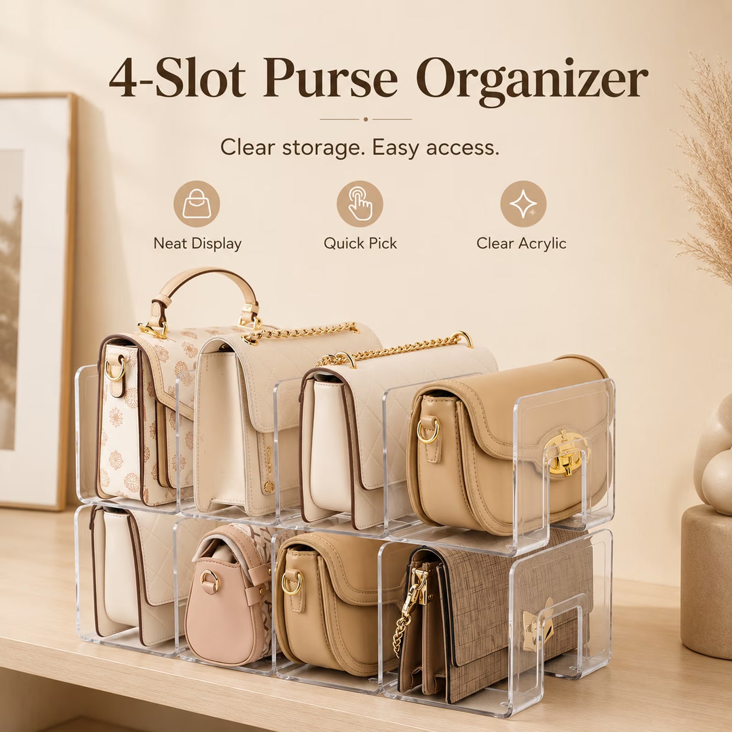 2-Pack Clear Acrylic Closet Shelf Dividers, Compartment Organizer for Handbags, Wallets, Pouches and Fashion Accessories