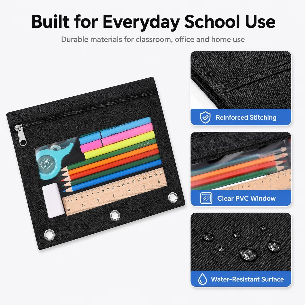 24 Packs Black Pencil Pouch for 3 Ring Binder, Binder Pouches with Zipper, 9.8 x 7.3 in Clear Window Zipper Pouch, Oxford PVC