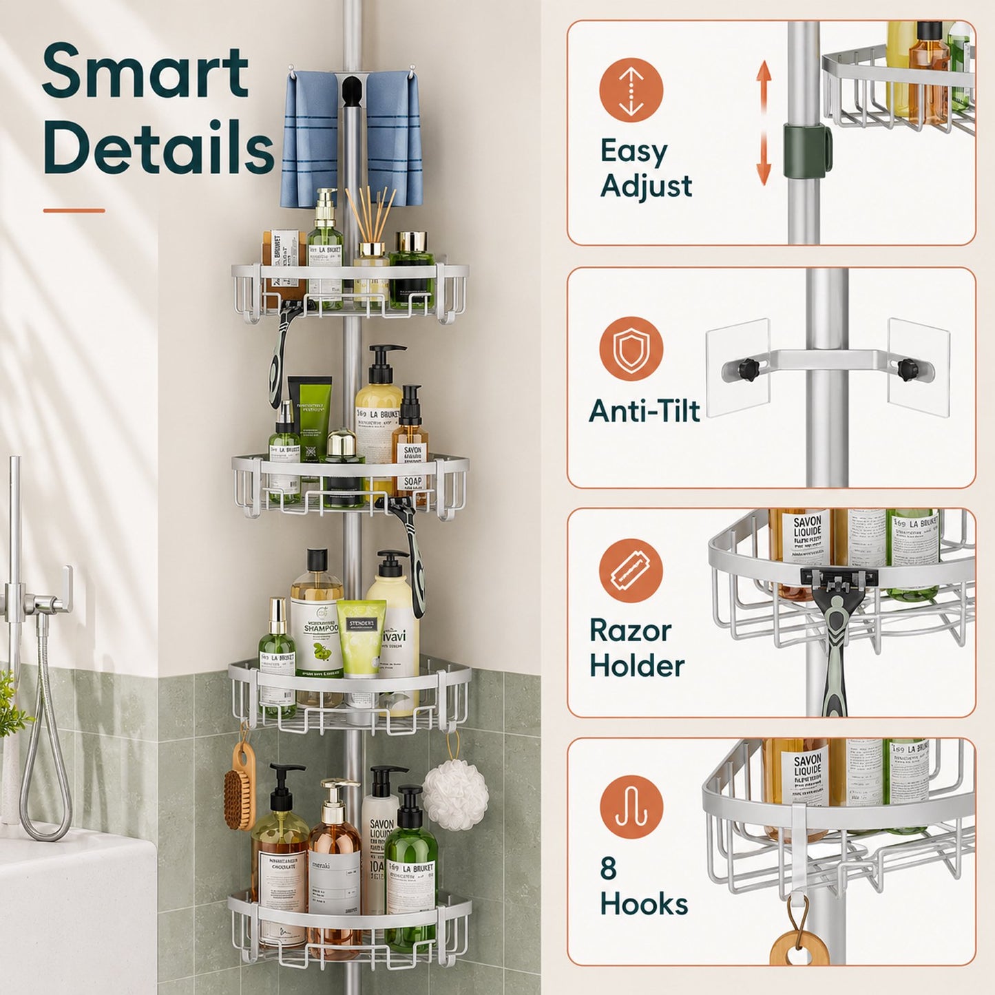 Corner Shower Caddy Tension Pole, 4-Tier Rustproof Bathroom Storage Shelf, Adjustable 62-115 Inch Bathtub Organizer, Silver