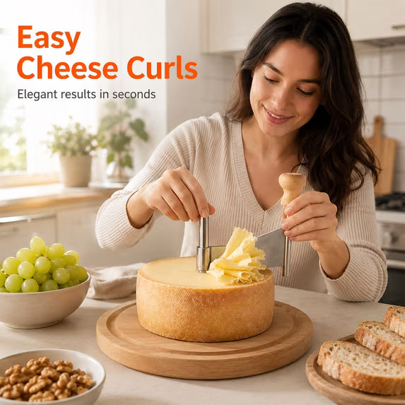 Cheese Curler with Wooden Base, Stainless Steel Girolle Cheese Shaver Wheel for Tete de Moine Cheese, Chocolate & Charcuterie Boards