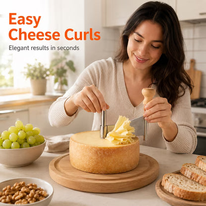Cheese Curler with Wooden Base, Stainless Steel Girolle Cheese Shaver Wheel for Tete de Moine Cheese, Chocolate & Charcuterie Boards