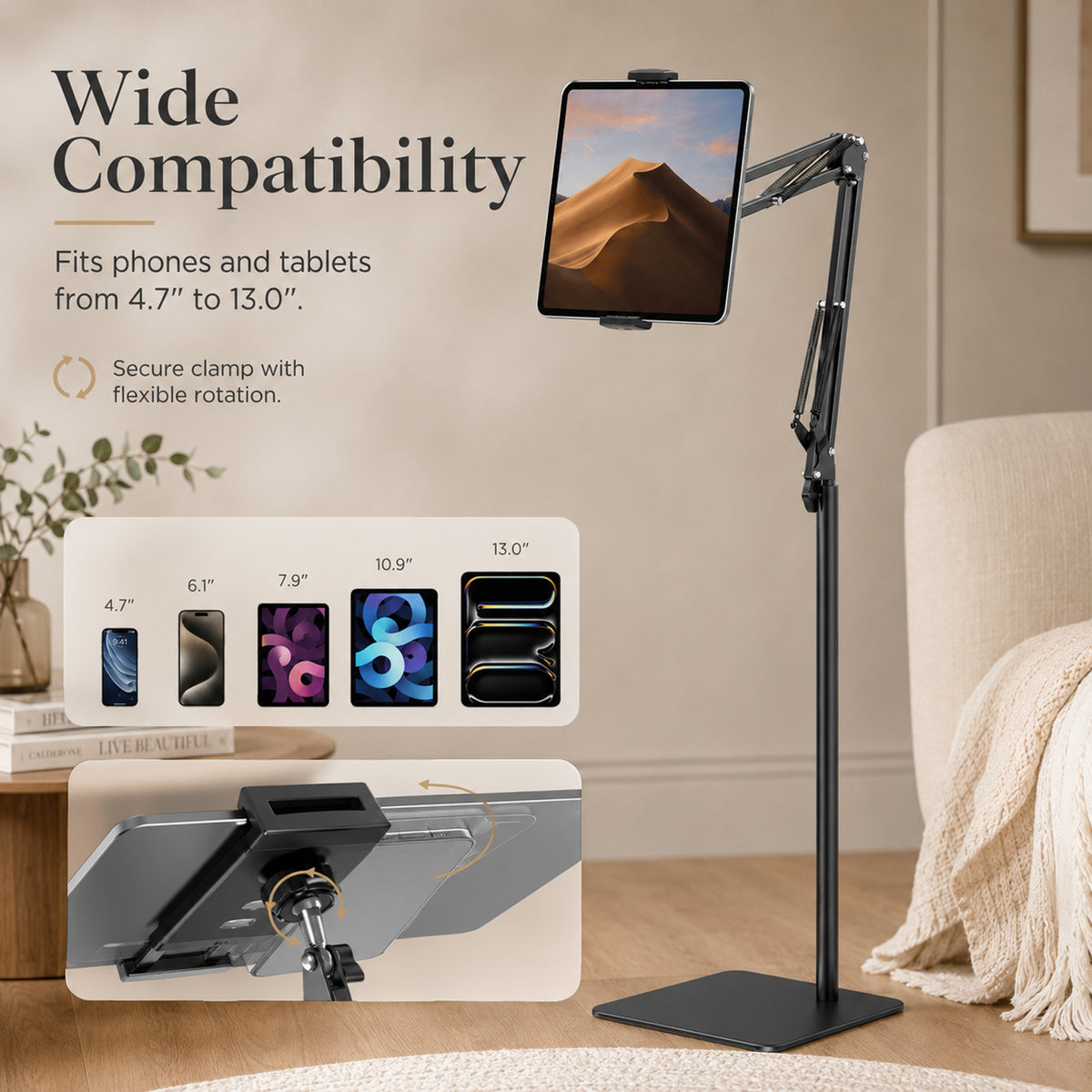 Tablet Floor Stand with Metal Base, 55'' Adjustable Height Angle Overhead Holder, Universal Floor Stand for most tablets & smartphones