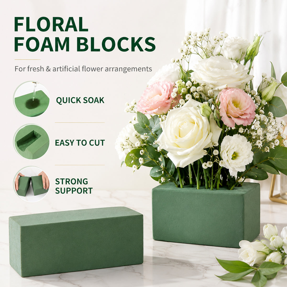 Floral Foam Blocks, 6 Pcs Green Wet & Dry Foam, 9” L x 4.3” W x 3” H for Flower Arrangement, Wedding & Home Decor
