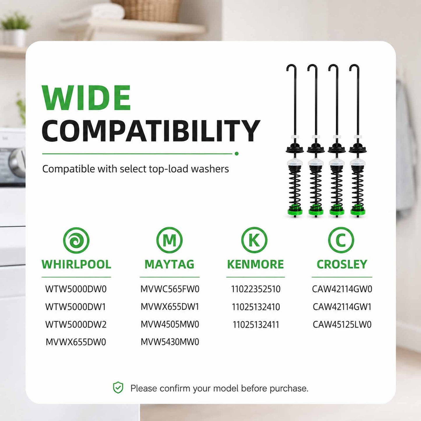 Suspension Rod Kit Compatible with Whirlpool Maytag Kenmore Washer, Maytag Washer Parts Replacement, Heavy Duty Suspension Rods Set