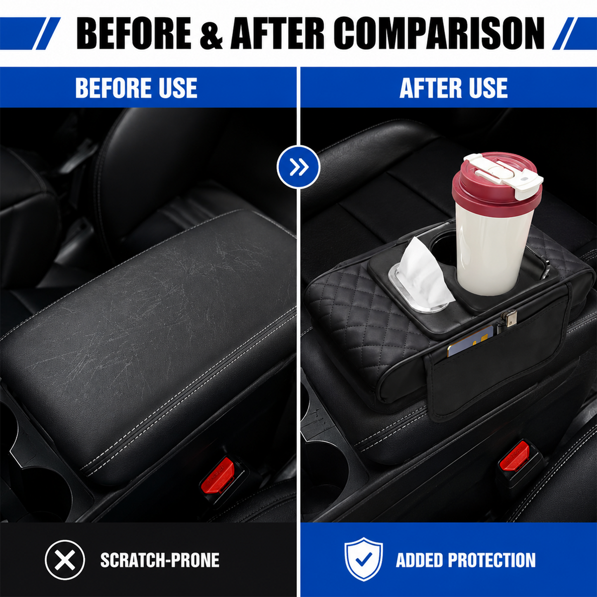 5 in 1 Car Armrest Cover, Black Nappa Leather Center Console Organizer with Car Tissue Holder, Cup Holder, Phone Holder and 2 Storage Pockets, Armrest Cover for Car SUV Sedan Truck