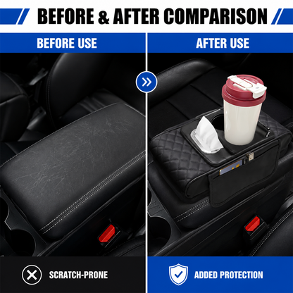 5 in 1 Car Armrest Cover, Black Nappa Leather Center Console Organizer with Car Tissue Holder, Cup Holder, Phone Holder and 2 Storage Pockets, Armrest Cover for Car SUV Sedan Truck
