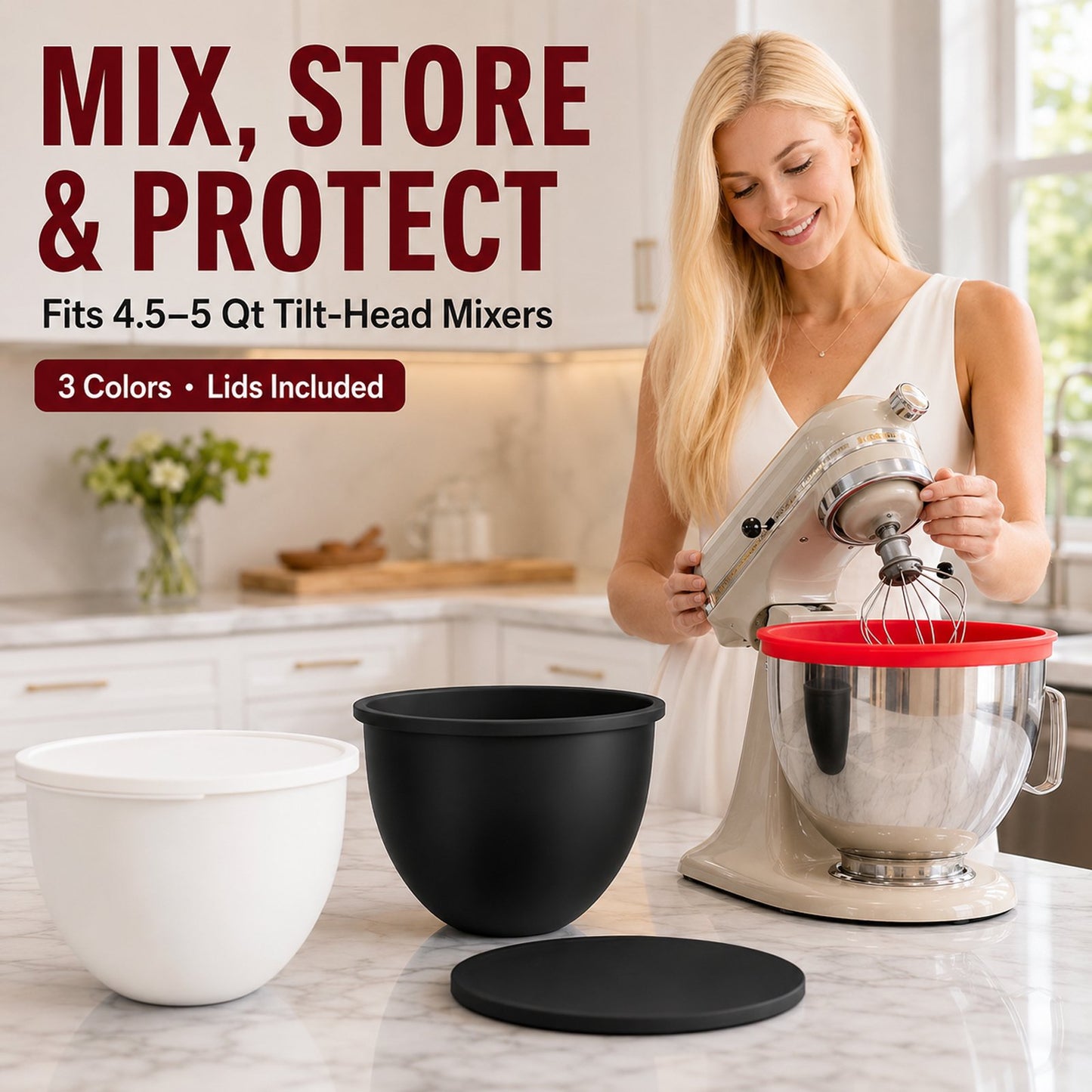 Silicone Bowl Liners with Lids for 5QT Tilt-Head Stand Mixers, 3 Bowl Inserts & 3 Sealing Lids, Leak-Resistant Mixer Bowl Accessories, Not for Bowl-Lift Models
