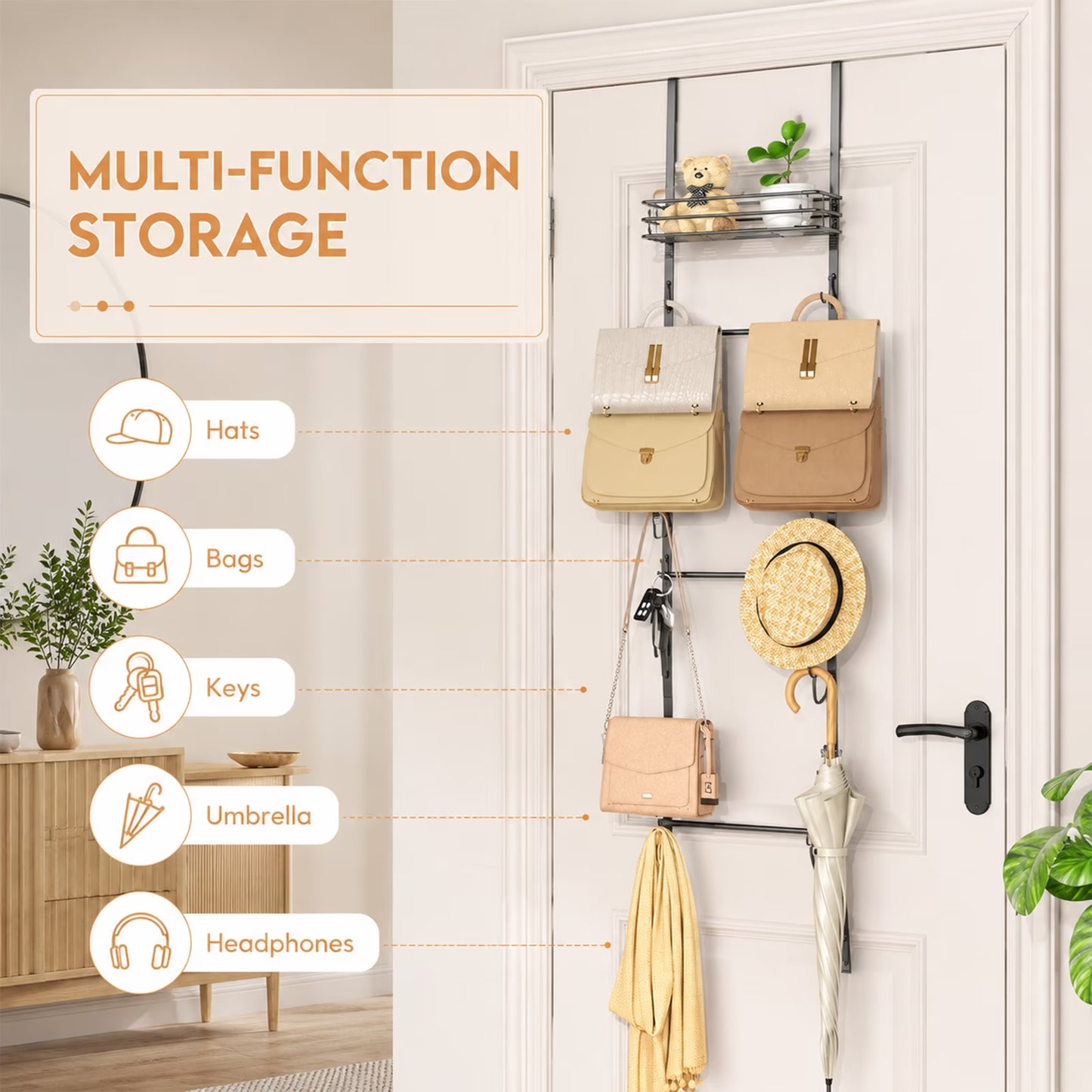 Over the Door Purse Organizer with 16 Hooks — Wall-Mounted Handbag Rack with Metal Basket, Closet Storage for Bags, Hats & Accessories