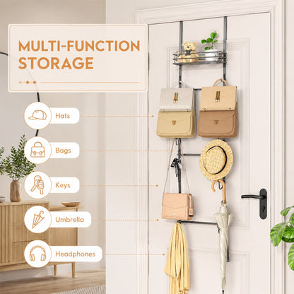 Over the Door Purse Organizer with 16 Hooks — Wall-Mounted Handbag Rack with Metal Basket, Closet Storage for Bags, Hats & Accessories