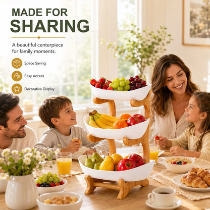 3 Tier Plastic Fruit Bowl With Bamboo Wood Stand, Serving Tray Rack for Fruits, Vegetables, Snacks and Desserts for Home & Events (White)