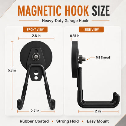 Heavy Duty Magnetic Hooks, 4 Pack Black Rubber Coated Magnet Hooks for Garage Tool Storage, Large Magnetic Hook for Power Drill, Garden Tools, Hose, Pegboard, Workshop & Indoor Outdoor Hanging