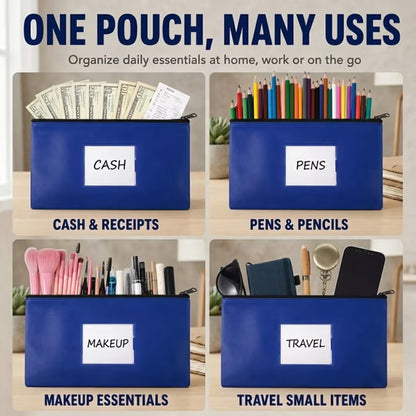 10 Pack Money Bags with Zipper, 11.5 x 6.2 in Blue PU Leather Bank Deposit Bags with Label Window, Cash Pouch for Bills, Receipts, Coins, Checks, Office Tools