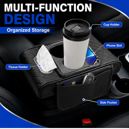 5 in 1 Car Armrest Cover, Black Nappa Leather Center Console Organizer with Car Tissue Holder, Cup Holder, Phone Holder and 2 Storage Pockets, Armrest Cover for Car SUV Sedan Truck