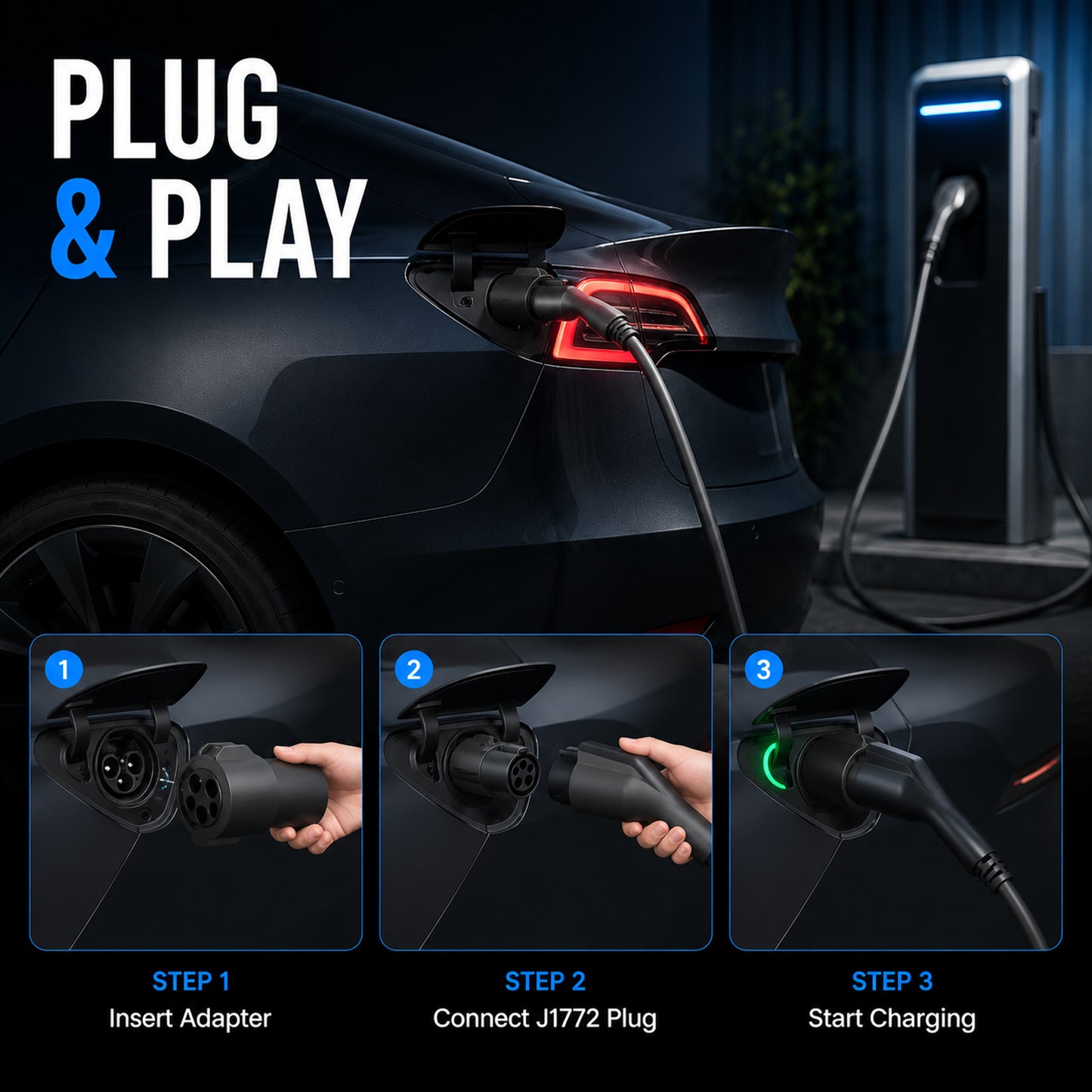 J1772 Compatible with Tesla Charger Adapter, Charging Convertor for Tesla Model 3/Y/X/S, 80A 250V EV Charging Connector, Quick Install & Snug Fit, Only Works for Tesla Vehicles