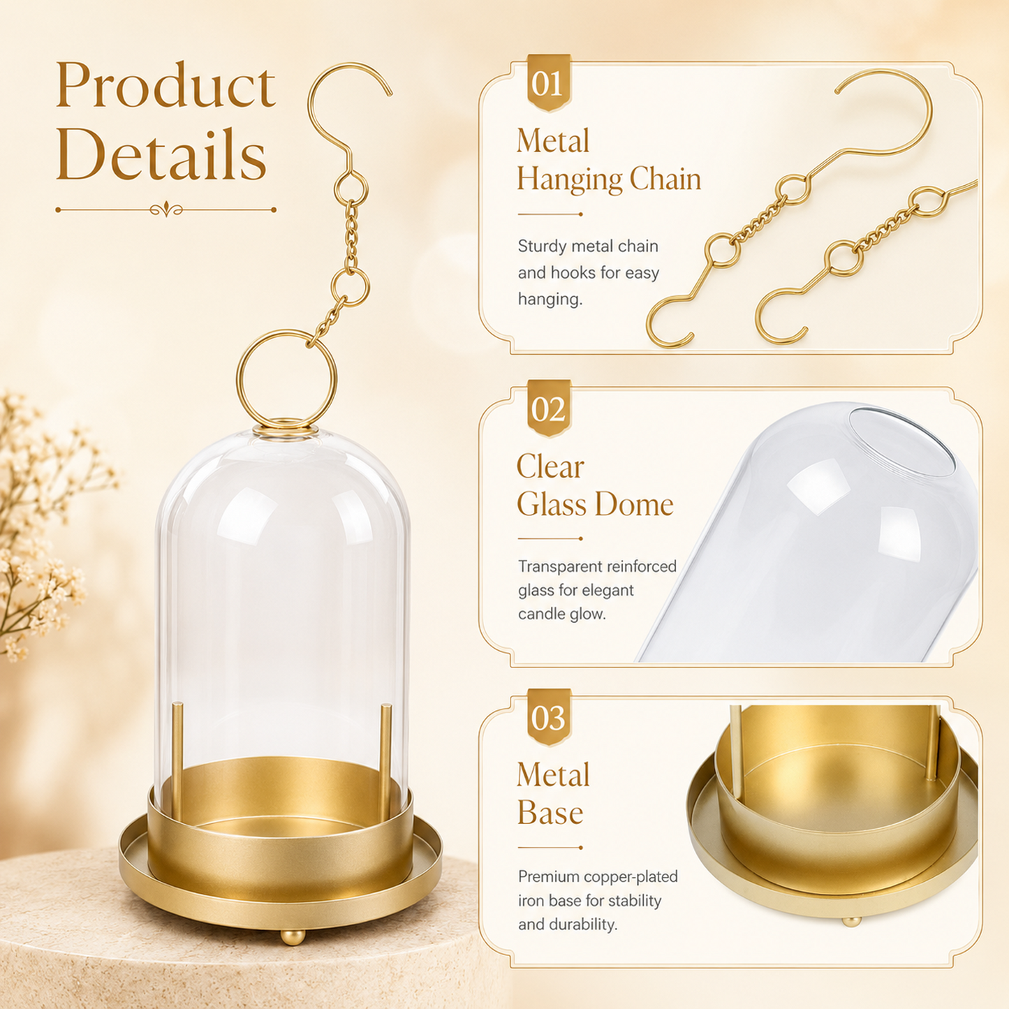 Hurricane Glass Candle Holders Set of 2, 5" & 4" Metal Candle Holder with Glass Dome, Candle Lantern for Pillar Candles, Table Centerpiece Home Decor