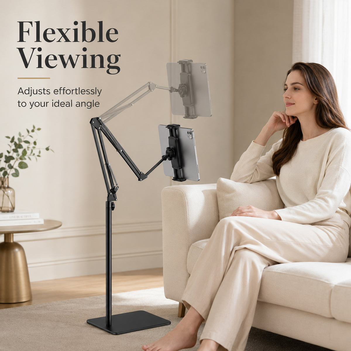 Tablet Floor Stand with Metal Base, 55'' Adjustable Height Angle Overhead Holder, Universal Floor Stand for most tablets & smartphones