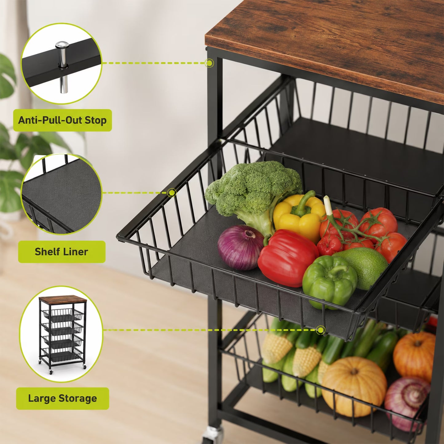 4 Tier Wheeled Snack Storage Trolley with Wooden Top & Pull Out Baskets, Mobile Rolling Fruit Vegetable Organizer Cart, Multiuse Rolling Storage Unit for Kitchen Pantry and Living Room, Brown