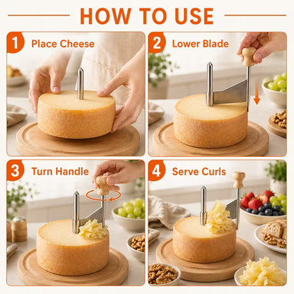 Cheese Curler with Wooden Base, Stainless Steel Girolle Cheese Shaver Wheel for Tete de Moine Cheese, Chocolate & Charcuterie Boards