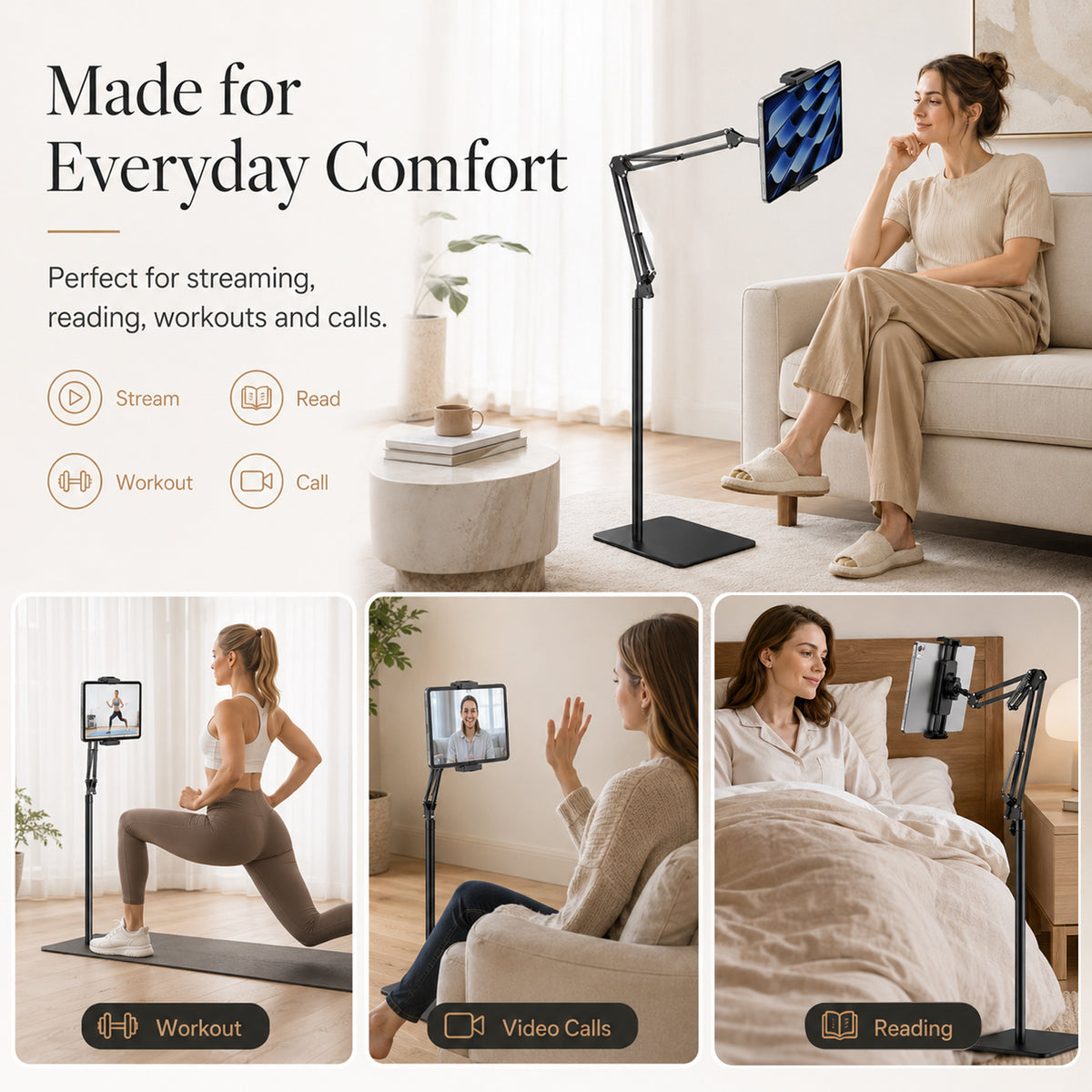 Tablet Floor Stand with Metal Base, 55'' Adjustable Height Angle Overhead Holder, Universal Floor Stand for most tablets & smartphones