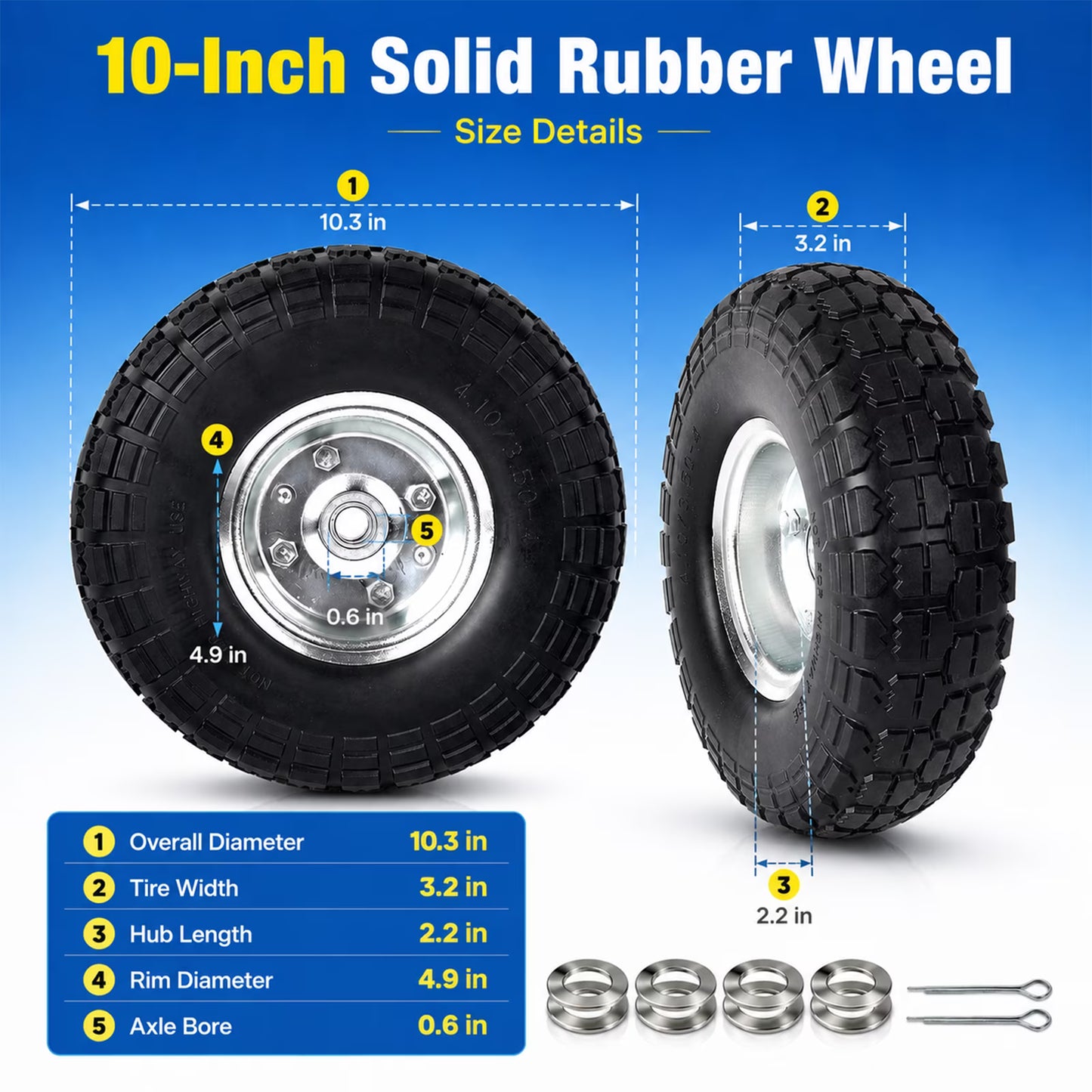 2 Pack 10 Inch 4.10/3.50-4 Tire and Wheel, Flat-Free Hand Truck Wheels for Dolly Carts