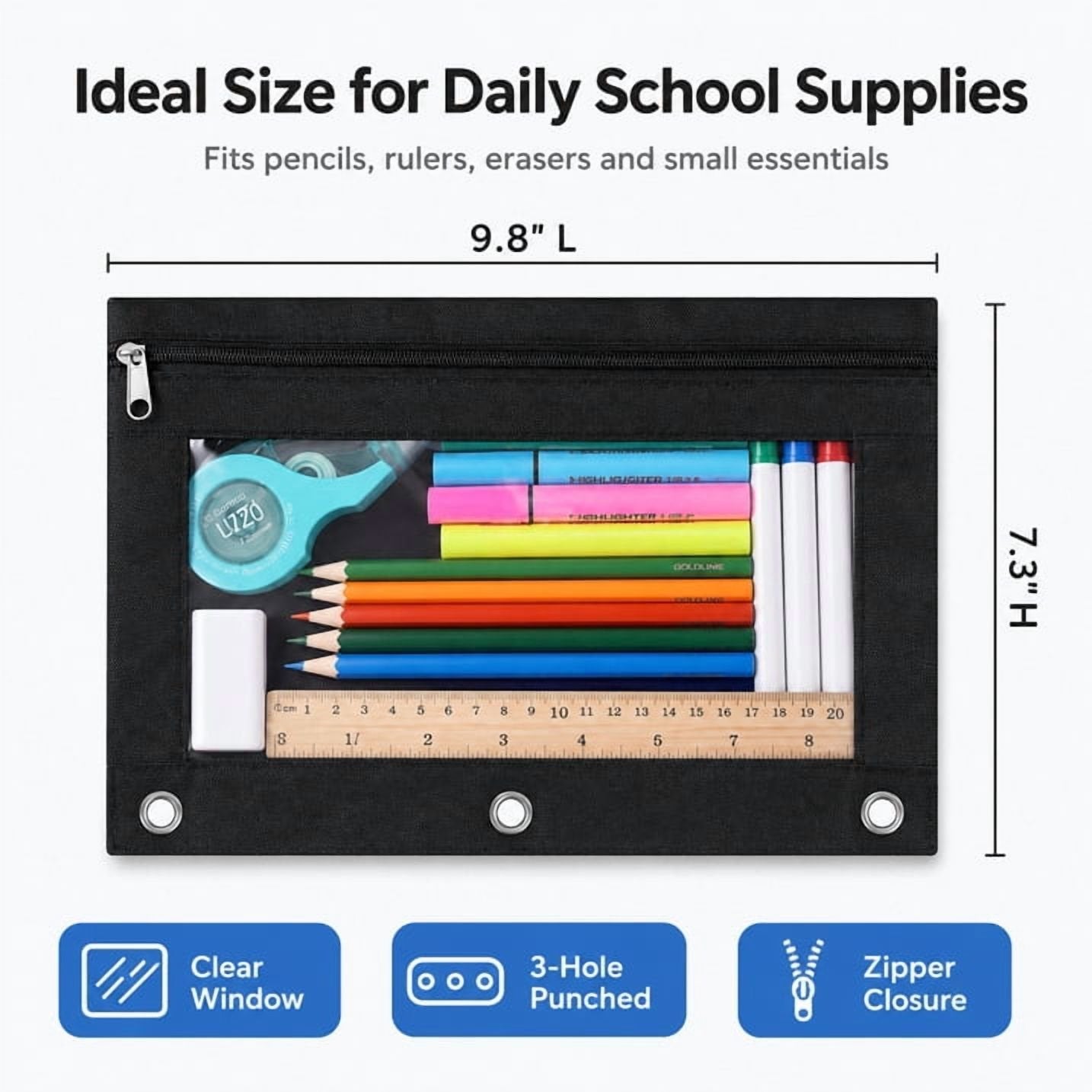 24 Packs Black Pencil Pouch for 3 Ring Binder, Binder Pouches with Zipper, 9.8 x 7.3 in Clear Window Zipper Pouch, Oxford PVC