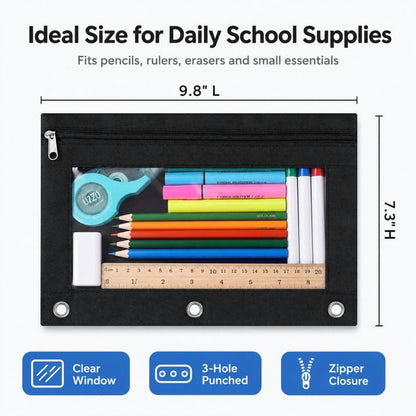24 Packs Black Pencil Pouch for 3 Ring Binder, Binder Pouches with Zipper, 9.8 x 7.3 in Clear Window Zipper Pouch, Oxford PVC