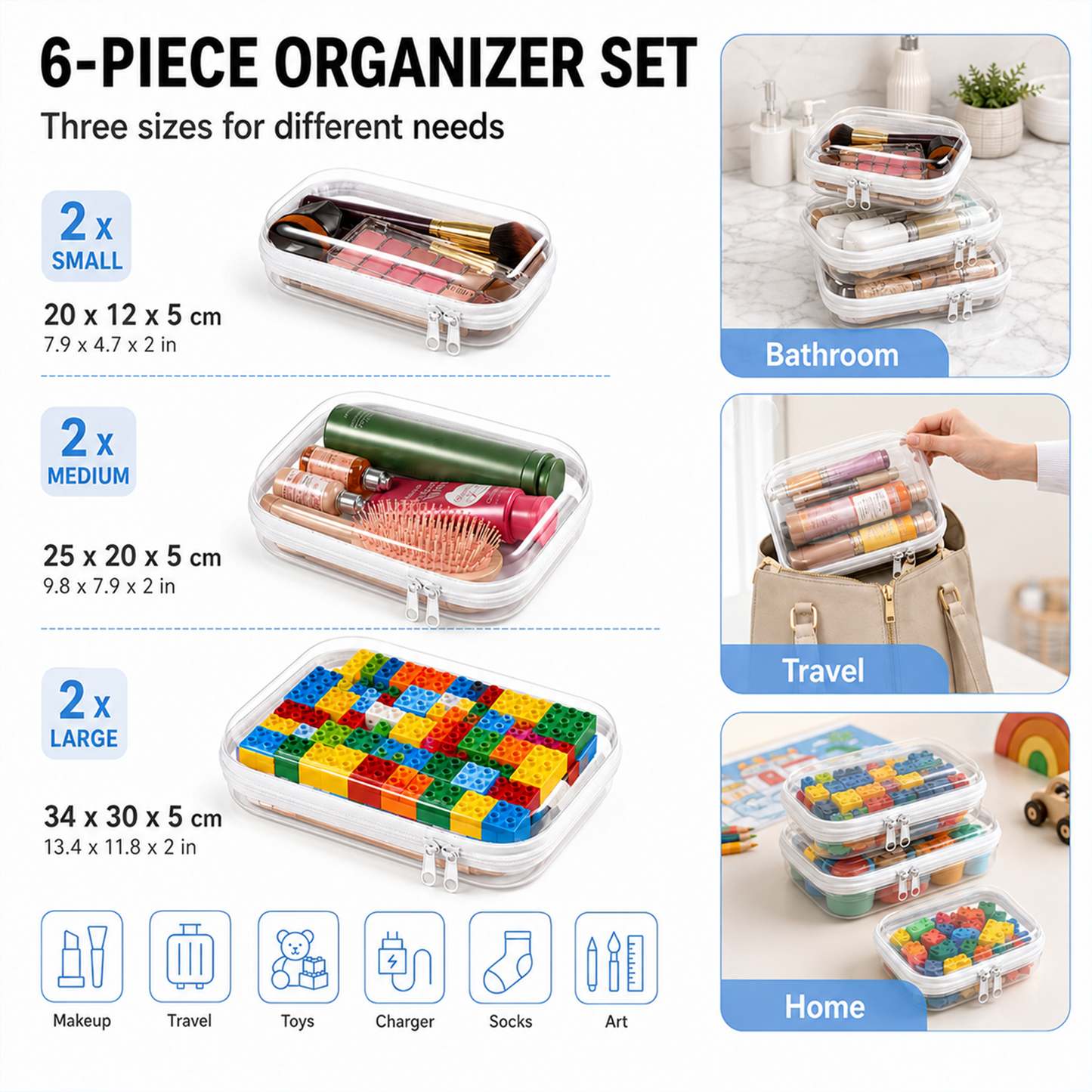 6 Pack Clear Hard Shell Zipper Case,Bag Organizer Pouches, Travel Makeup Bag for Toiletries Electronics, Multi-Size Storage Set with (2L, 2M, 2S)