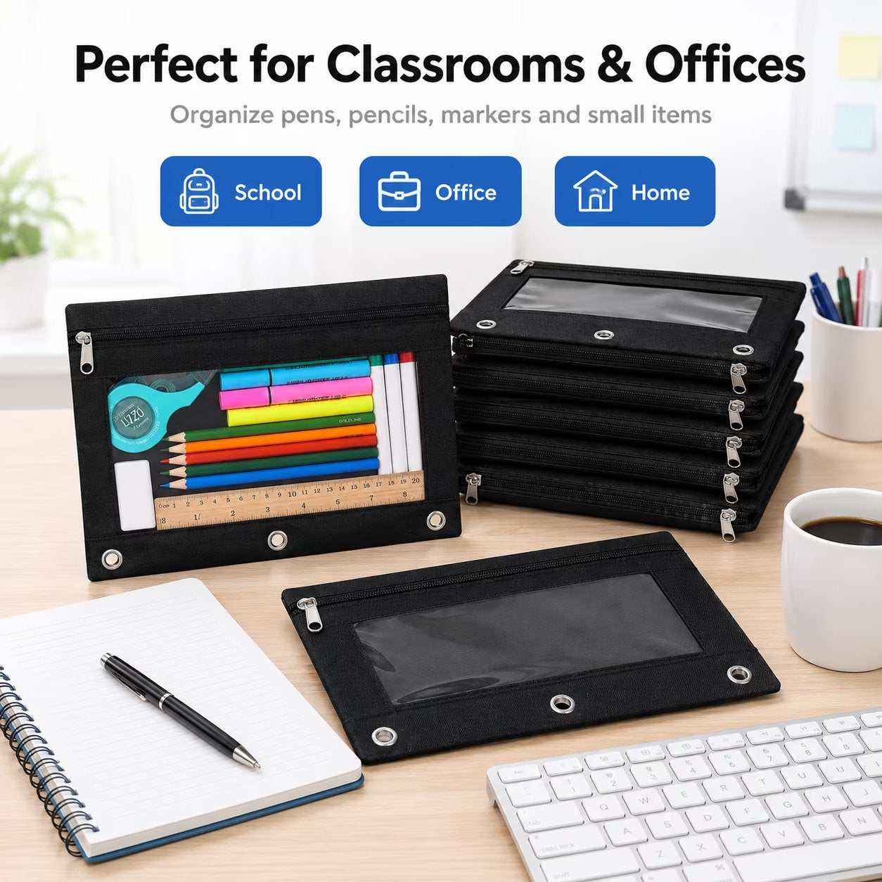 24 Packs Black Pencil Pouch for 3 Ring Binder, Binder Pouches with Zipper, 9.8 x 7.3 in Clear Window Zipper Pouch, Oxford PVC