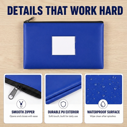 10 Pack Money Bags with Zipper, 11.5 x 6.2 in Blue PU Leather Bank Deposit Bags with Label Window, Cash Pouch for Bills, Receipts, Coins, Checks, Office Tools