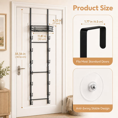 Over the Door Purse Organizer with 16 Hooks — Wall-Mounted Handbag Rack with Metal Basket, Closet Storage for Bags, Hats & Accessories